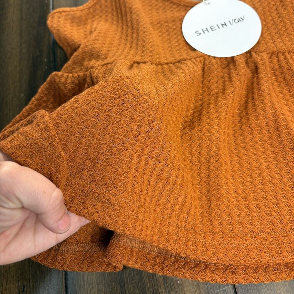 NWT Rust Orange Ribbed Crop Top, Baby Doll, Ruffle Hem Y2K Thin Straps Bella - Picture 3 of 11